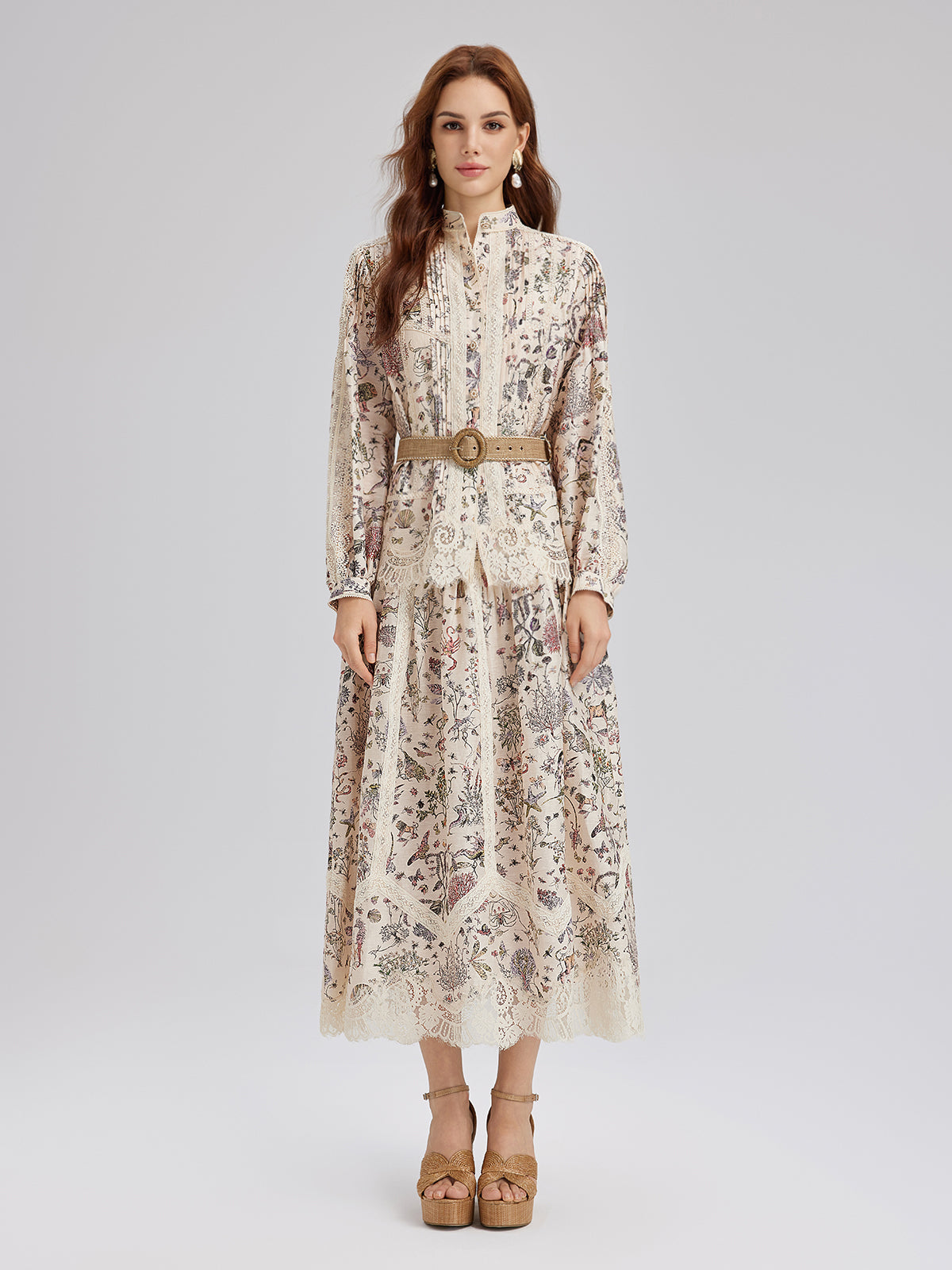 İpek-Keten Çiçekli Dantel Hakim Yaka Gömlek