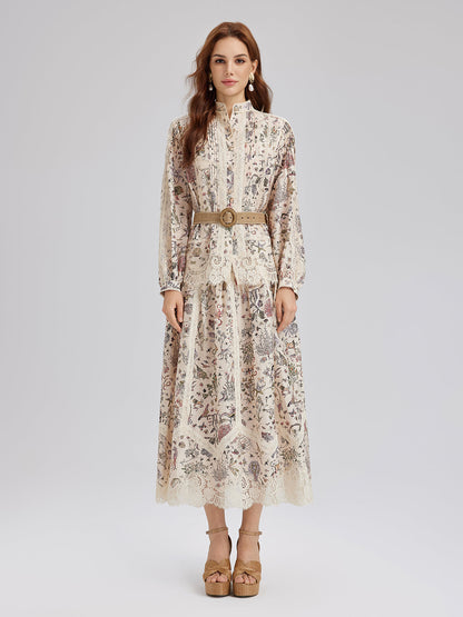 İpek-Keten Çiçekli Dantel Hakim Yaka Gömlek