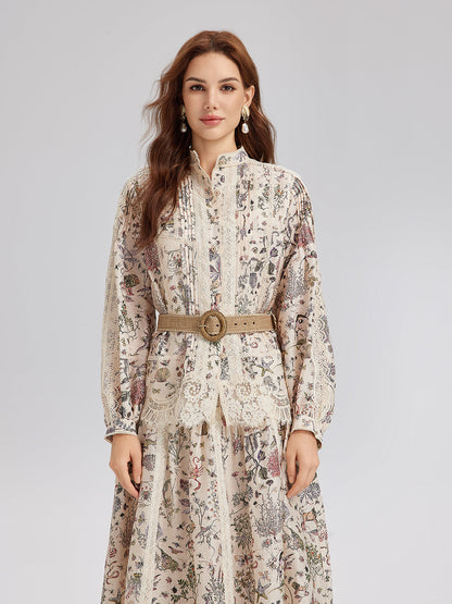 İpek-Keten Çiçekli Dantel Hakim Yaka Gömlek