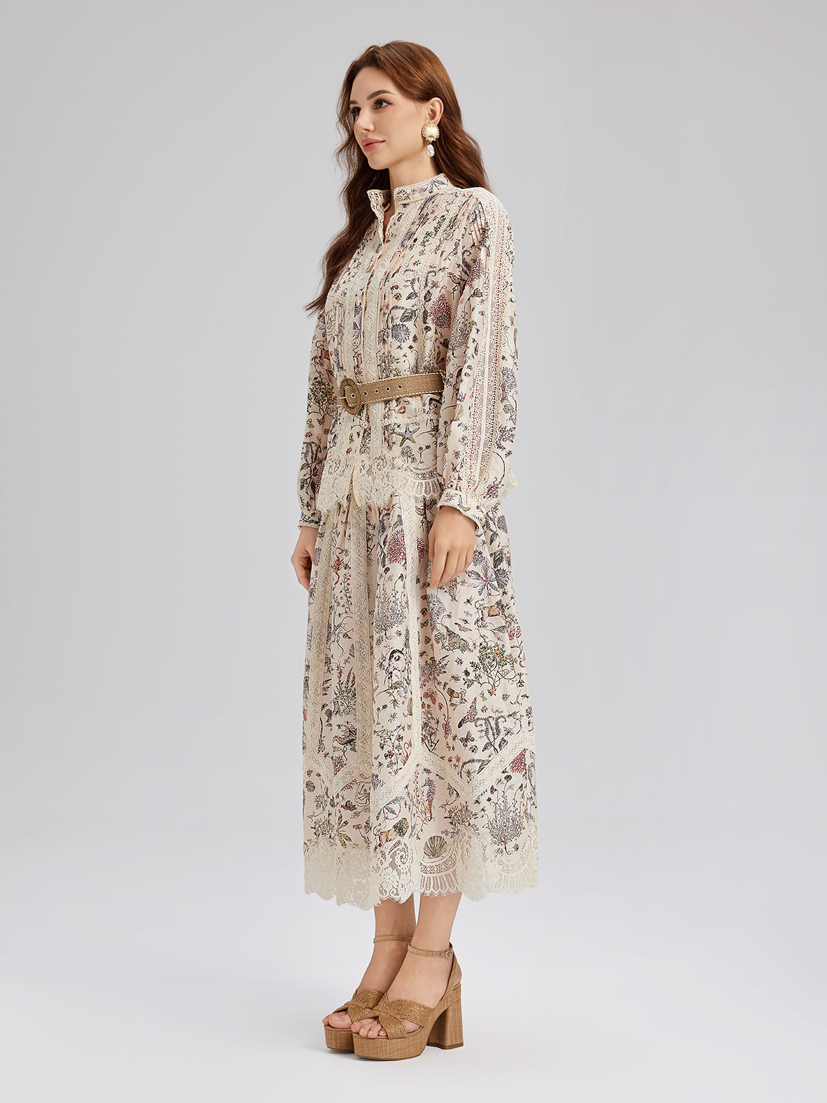 İpek-Keten Çiçekli Dantel Hakim Yaka Gömlek