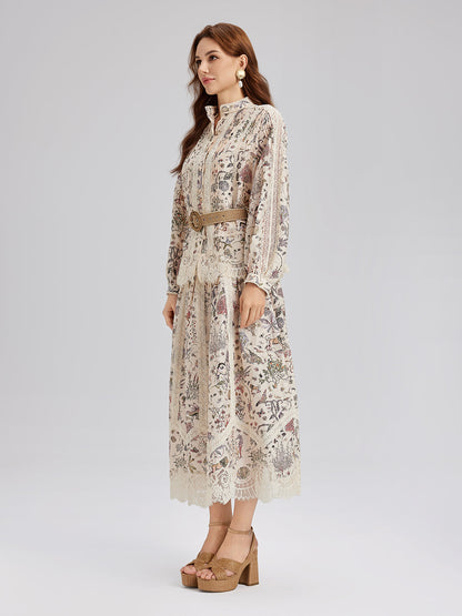 İpek-Keten Bitki Desenli Dantel Etek