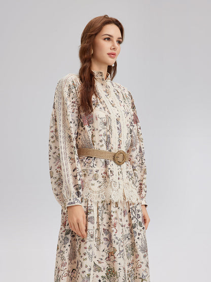 İpek-Keten Çiçekli Dantel Hakim Yaka Gömlek