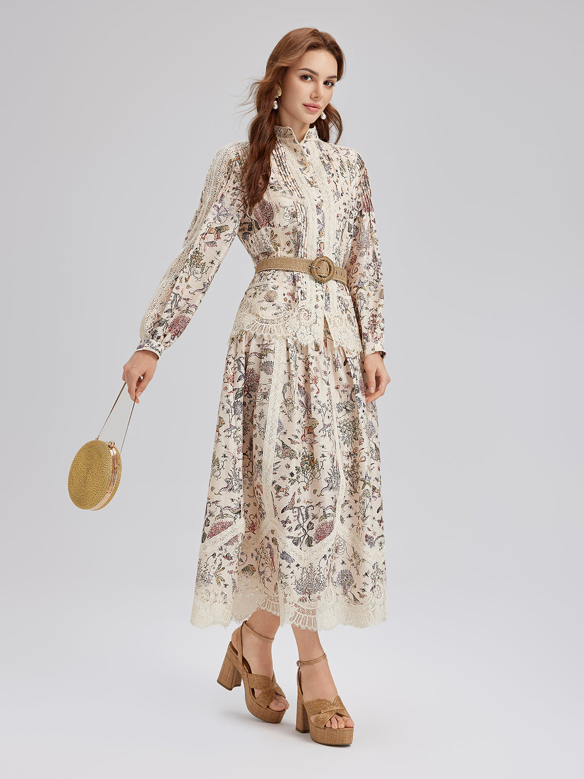 İpek-Keten Bitki Desenli Dantel Etek