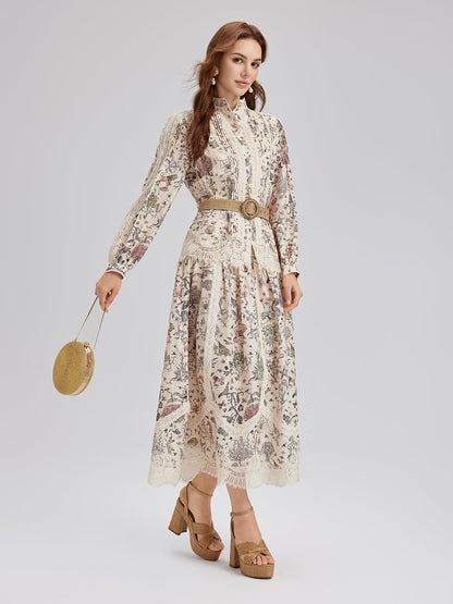 İpek-Keten Çiçekli Dantel Hakim Yaka Gömlek