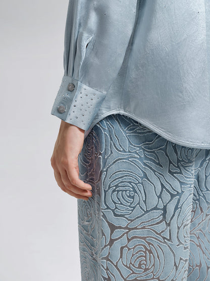 Saten Taşlı 3 Boyutlu Çiçekli Gömlek
