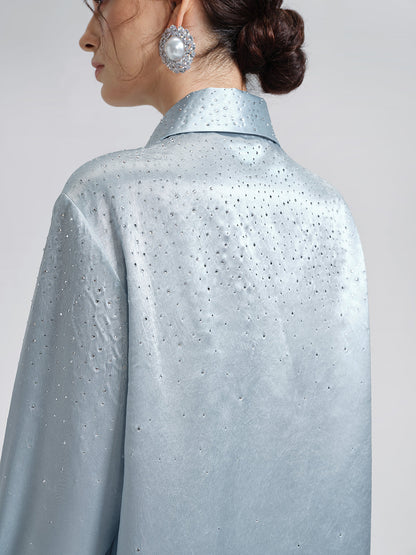 Saten Taşlı 3 Boyutlu Çiçekli Gömlek