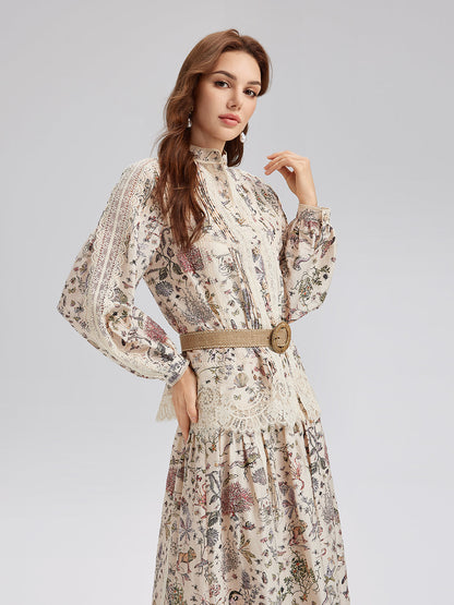 İpek-Keten Çiçekli Dantel Hakim Yaka Gömlek
