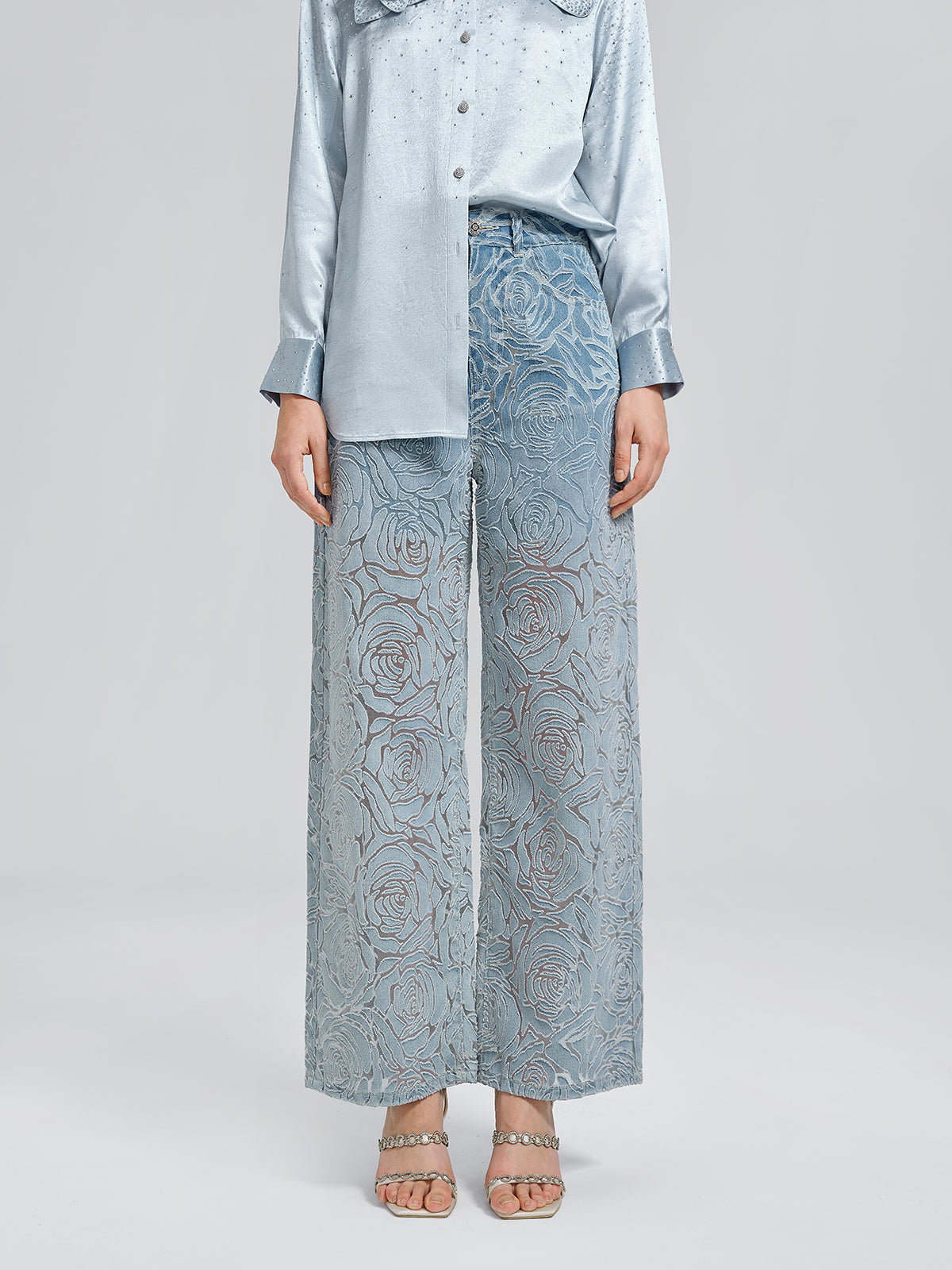 Gül Desenli Renk Geçişli Kot Pantolon