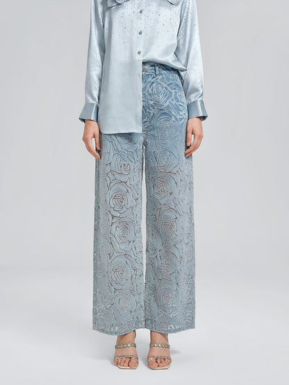 Gül Desenli Renk Geçişli Kot Pantolon