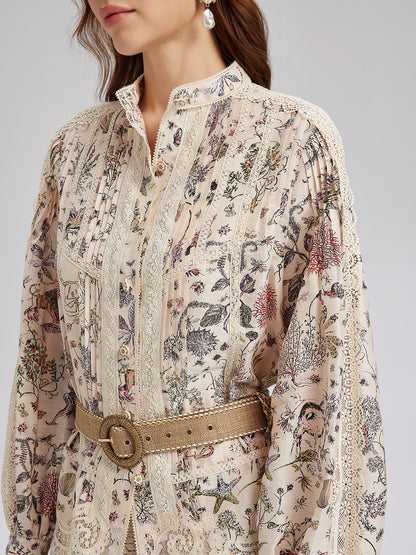 İpek-Keten Çiçekli Dantel Hakim Yaka Gömlek