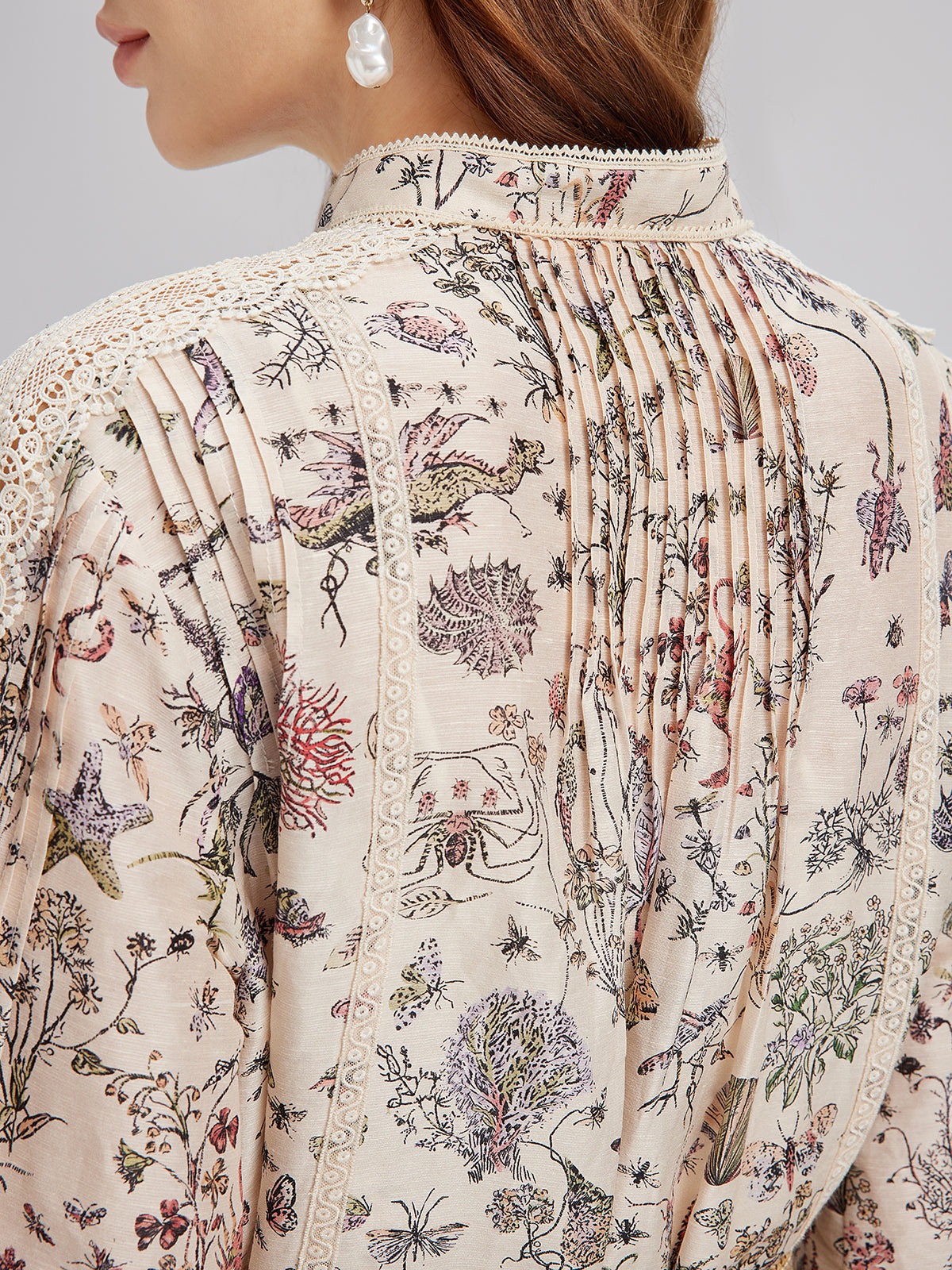 İpek-Keten Çiçekli Dantel Hakim Yaka Gömlek