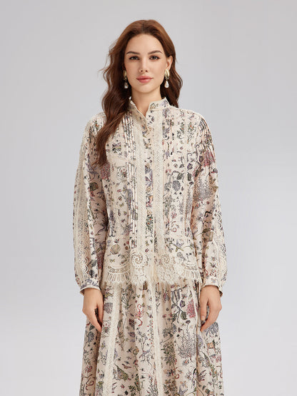 İpek-Keten Çiçekli Dantel Hakim Yaka Gömlek