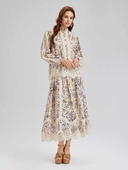 İpek-Keten Çiçekli Dantel Hakim Yaka Gömlek