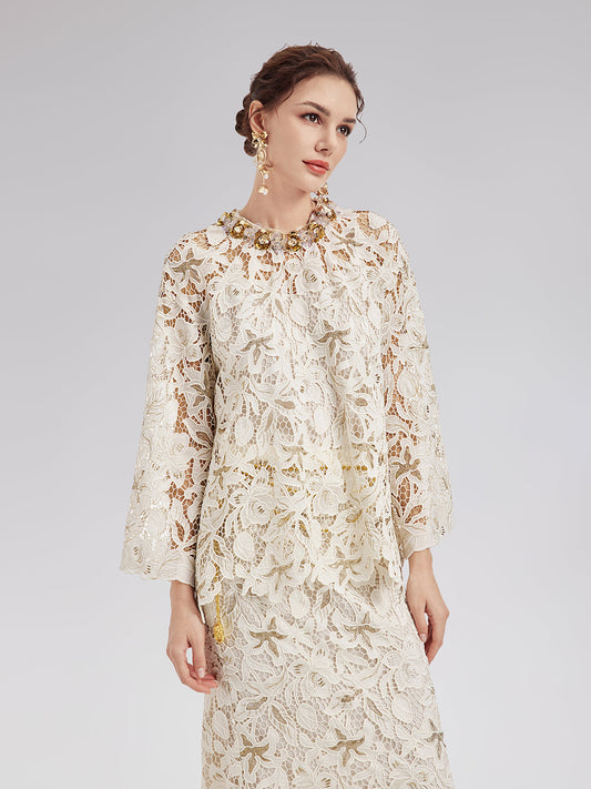 Dokulu Dantel Boncuklu Bluz