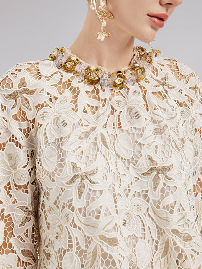 Dokulu Dantel Boncuklu Bluz