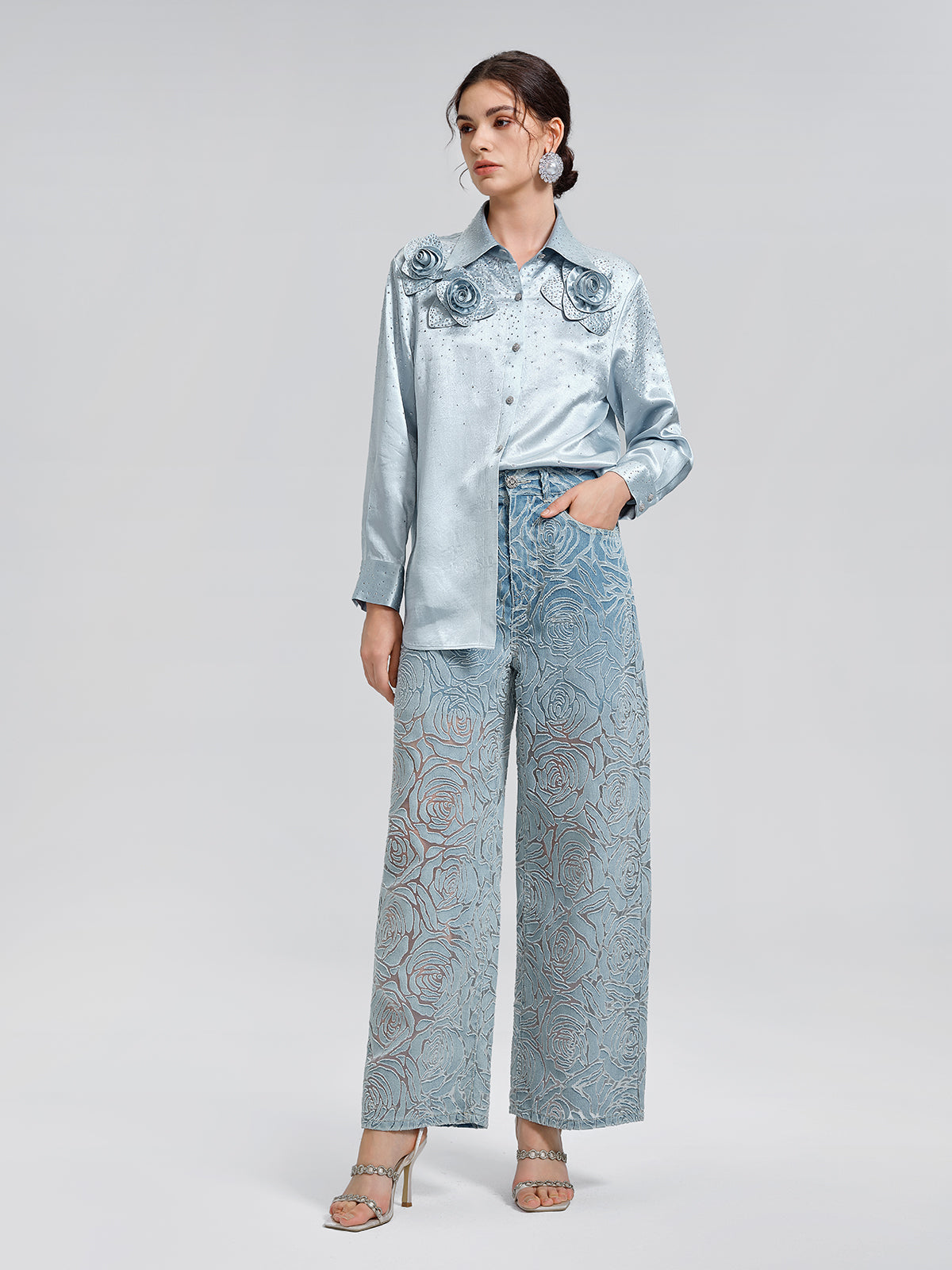 Gül Desenli Renk Geçişli Kot Pantolon