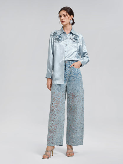 Gül Desenli Renk Geçişli Kot Pantolon