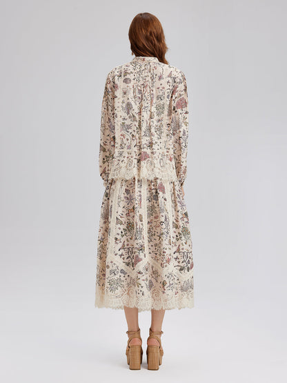 İpek-Keten Çiçekli Dantel Hakim Yaka Gömlek