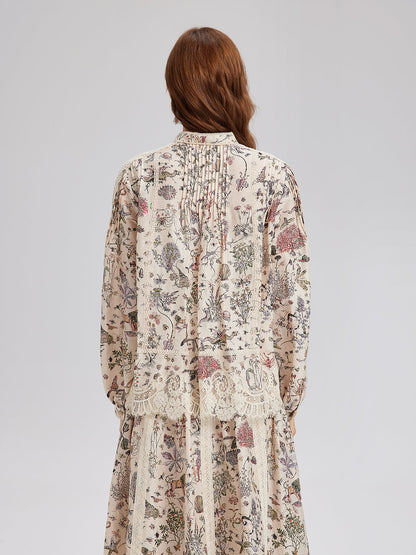 İpek-Keten Çiçekli Dantel Hakim Yaka Gömlek