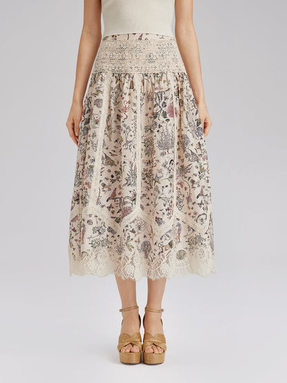 İpek-Keten Bitki Desenli Dantel Etek
