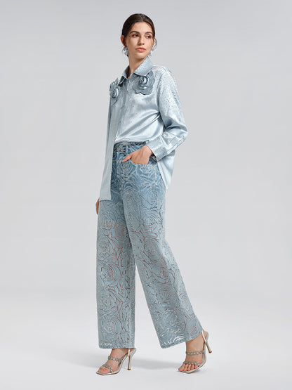 Saten Taşlı 3 Boyutlu Çiçekli Gömlek