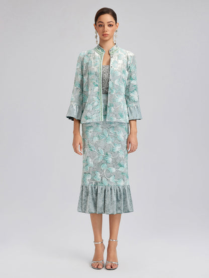 Boncuklu Çiçek Nakışlı Kadife Hakim Yaka Ceket