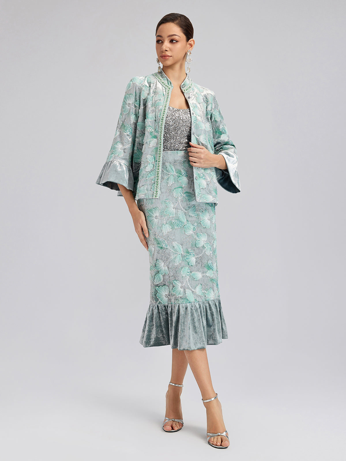 Boncuklu Çiçek Nakışlı Kadife Lale Etek