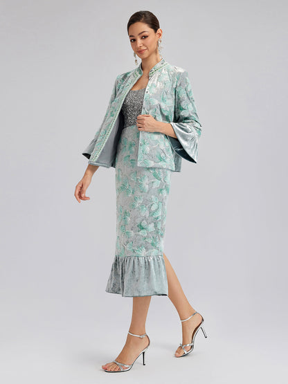 Boncuklu Çiçek Nakışlı Kadife Hakim Yaka Ceket