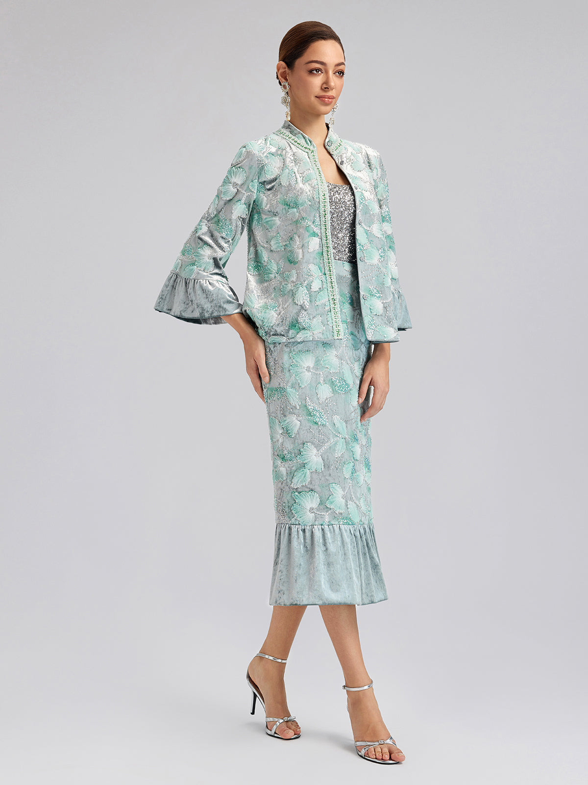 Boncuklu Çiçek Nakışlı Kadife Lale Etek