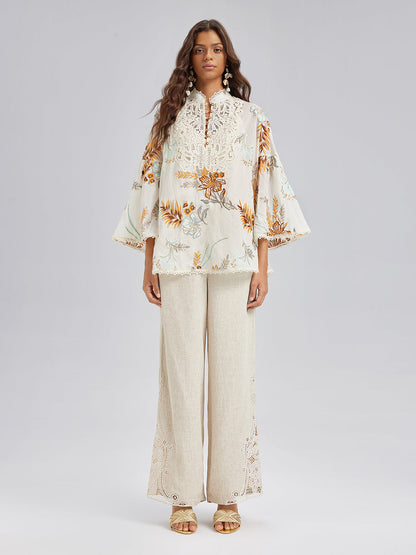 Sanatsal Çiçek Nakışlı Dantel Bluz