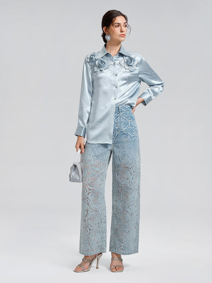 Gül Desenli Renk Geçişli Kot Pantolon