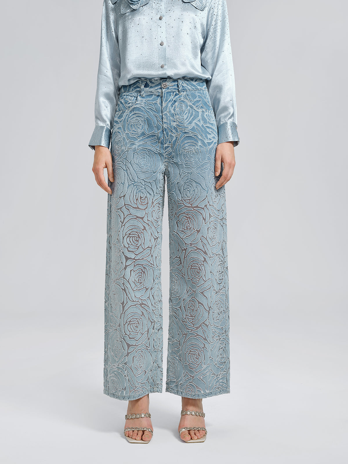 Gül Desenli Renk Geçişli Kot Pantolon