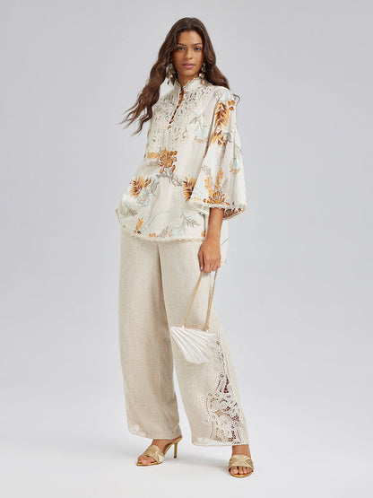 Sanatsal Çiçek Nakışlı Dantel Bluz