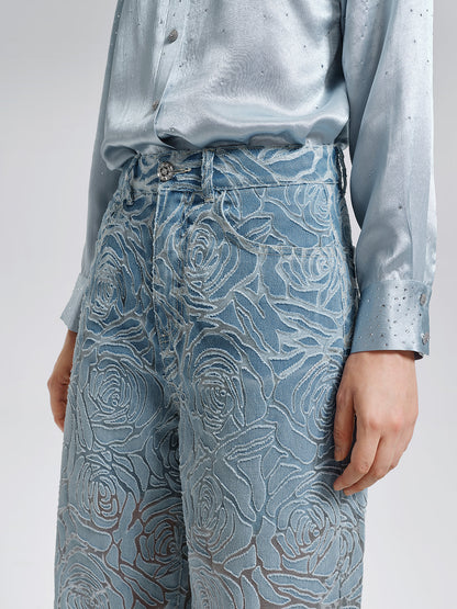 Gül Desenli Renk Geçişli Kot Pantolon