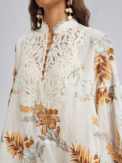 Sanatsal Çiçek Nakışlı Dantel Bluz