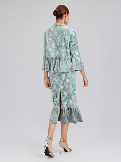 Boncuklu Çiçek Nakışlı Kadife Hakim Yaka Ceket