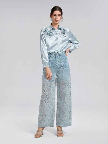 Saten Taşlı 3 Boyutlu Çiçekli Gömlek