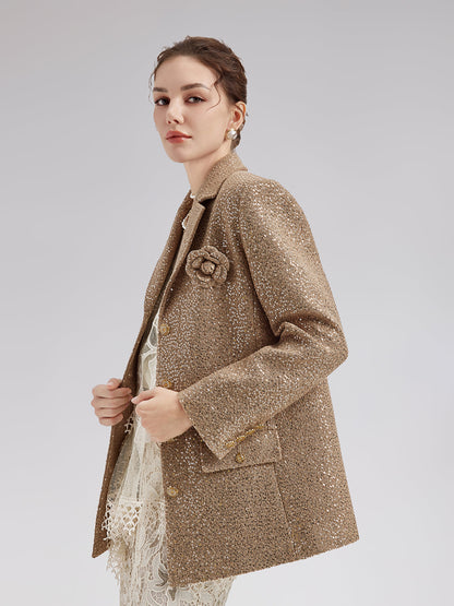 Altın Pullu Kamelya Broşlu Ceket