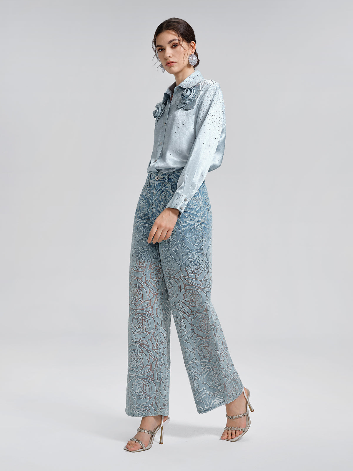 Gül Desenli Renk Geçişli Kot Pantolon