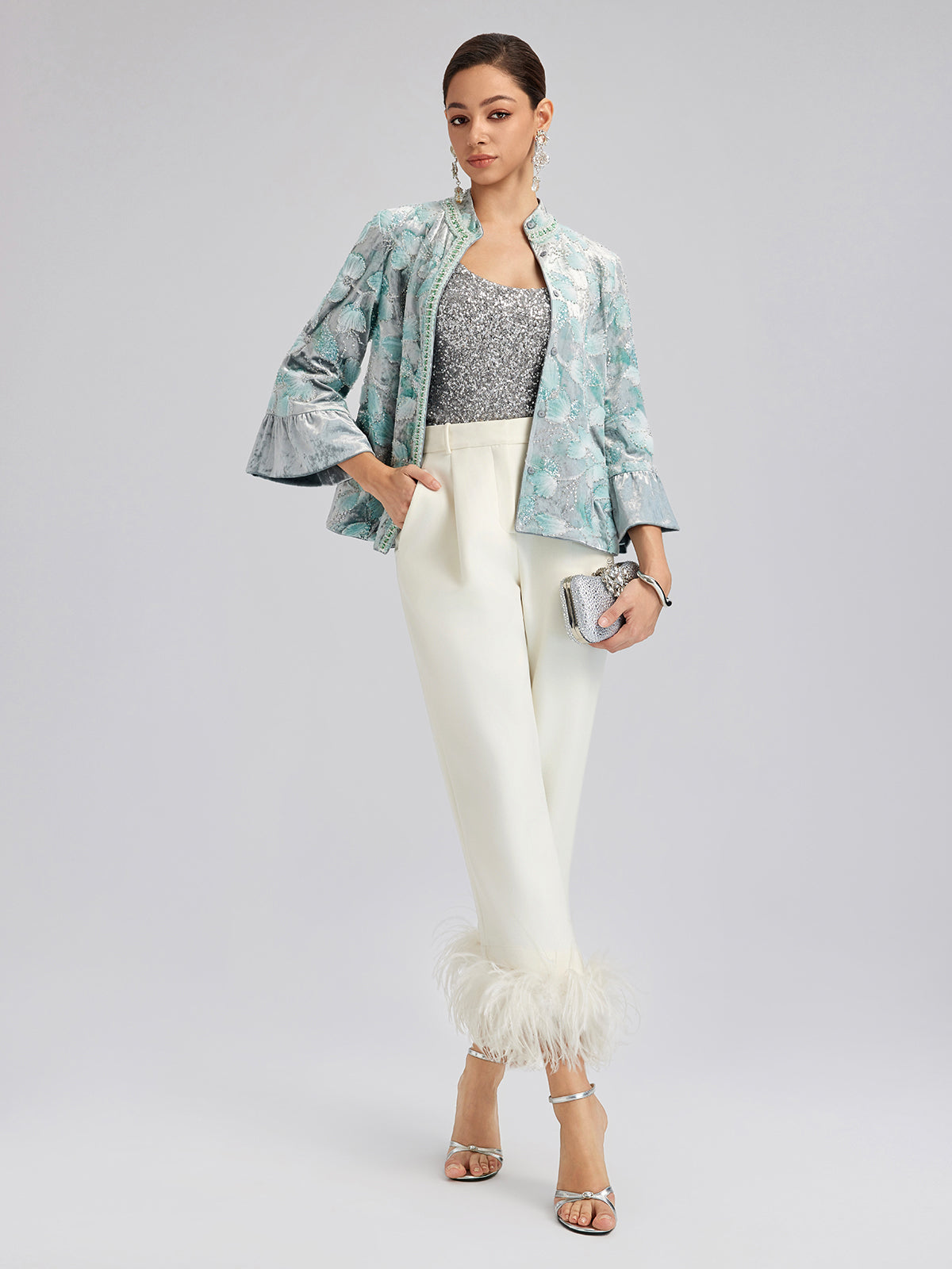 Yüksek Bel Tüy Detaylı Pantolon