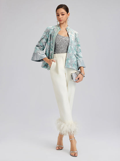 Yüksek Bel Tüy Detaylı Pantolon