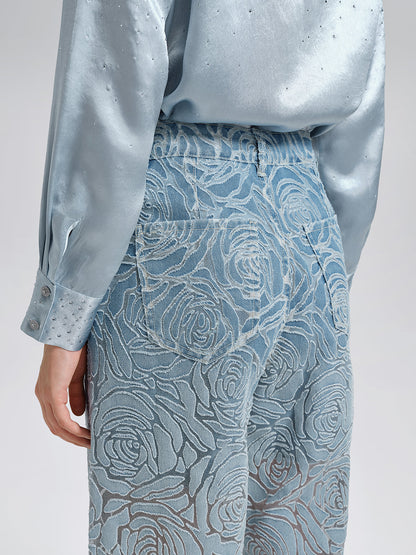 Gül Desenli Renk Geçişli Kot Pantolon