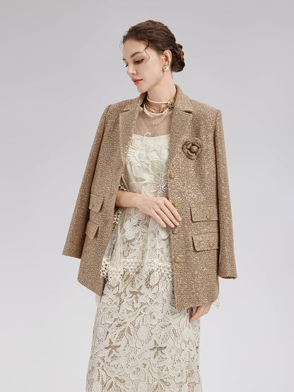 Altın Pullu Kamelya Broşlu Ceket