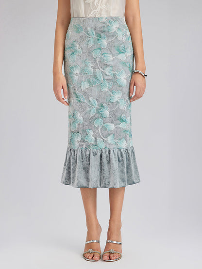 Boncuklu Çiçek Nakışlı Kadife Lale Etek