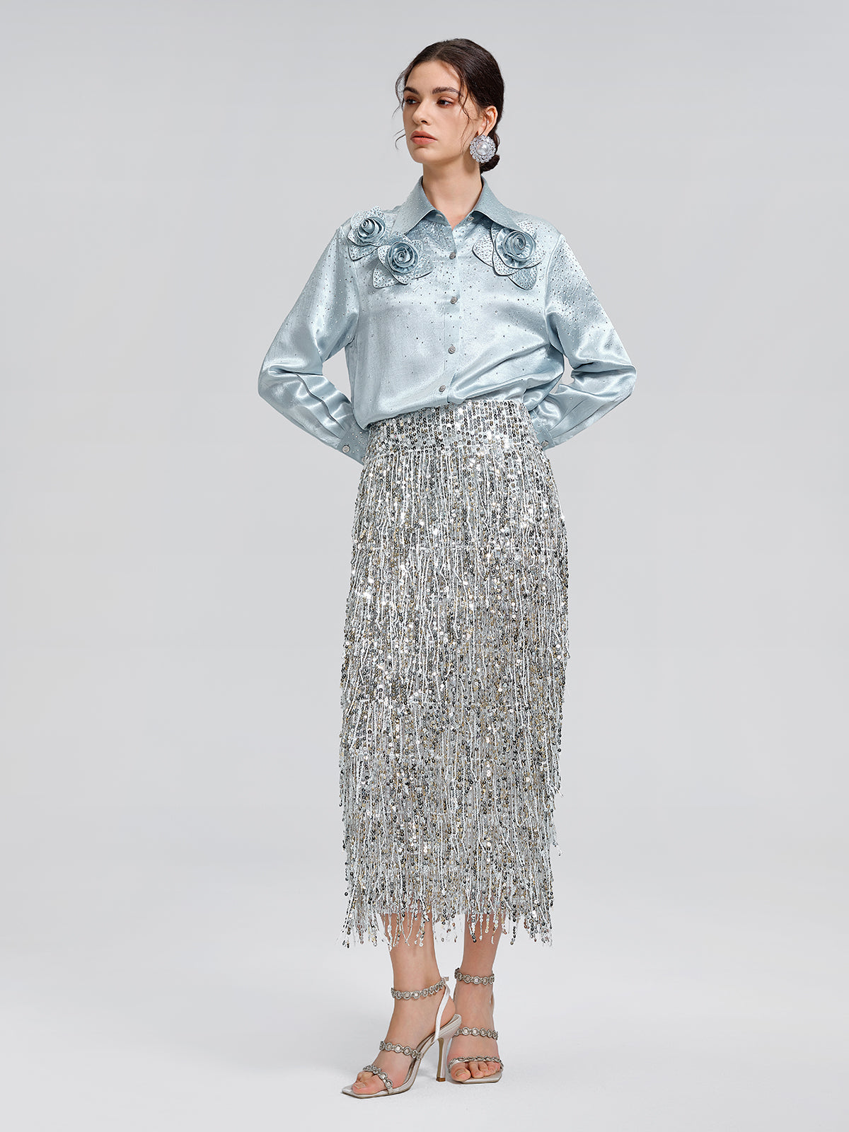 Saten Taşlı 3 Boyutlu Çiçekli Gömlek