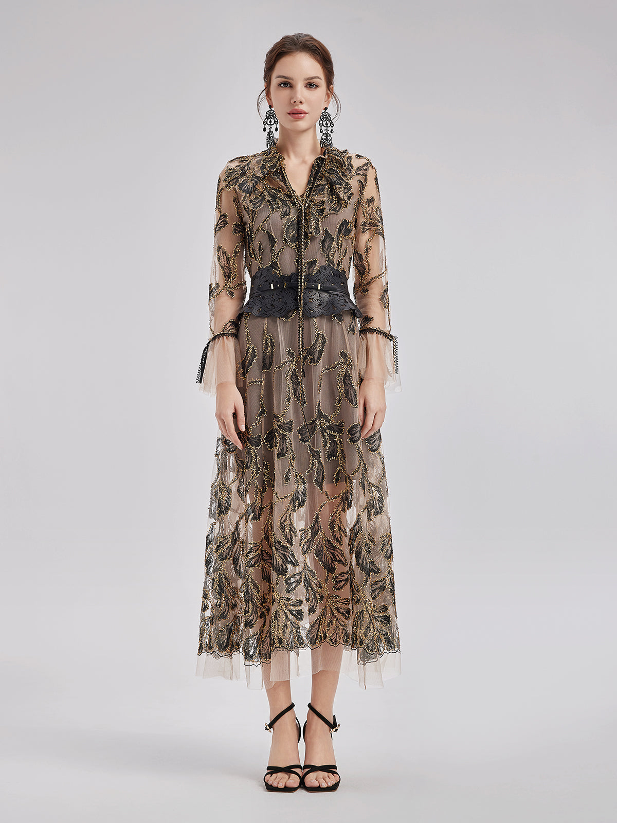 Özel İtalyan Çiçekli Jakar Elbise (Bel Zinciri ile)