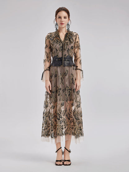 Özel İtalyan Çiçekli Jakar Elbise (Bel Zinciri ile)