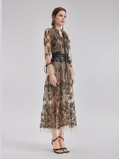 Özel İtalyan Çiçekli Jakar Elbise (Bel Zinciri ile)