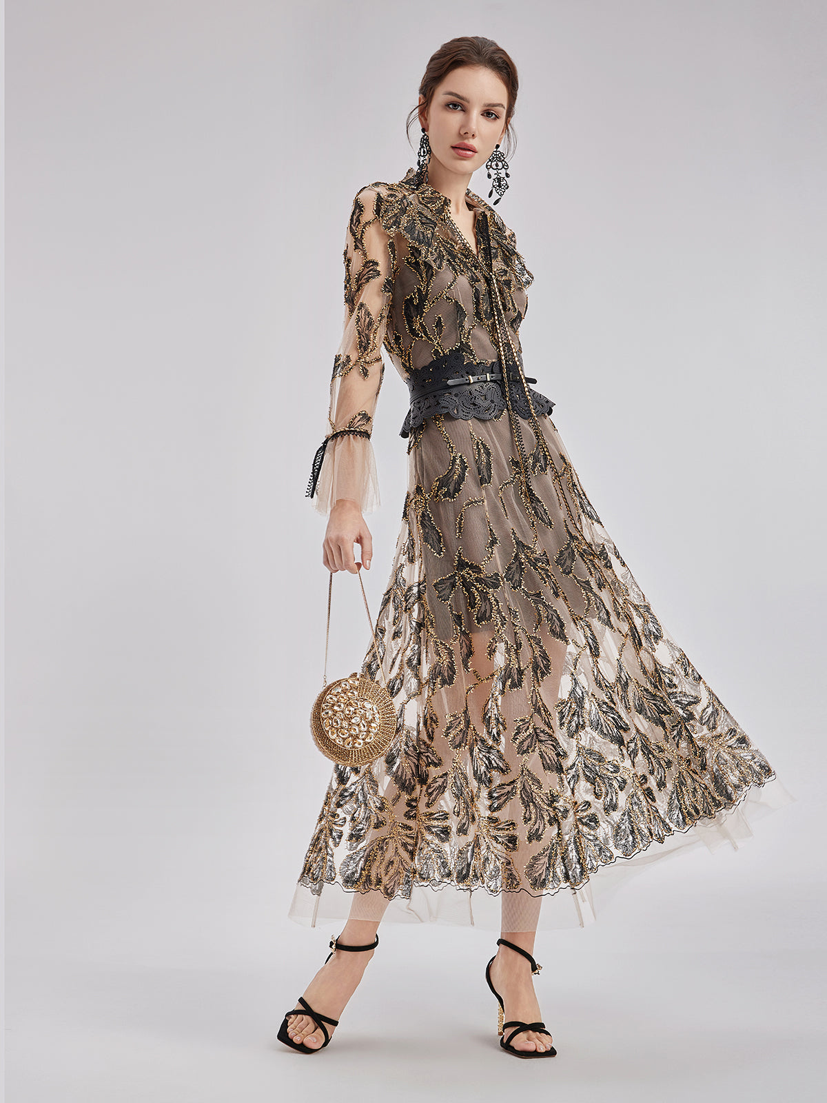 Özel İtalyan Çiçekli Jakar Elbise (Bel Zinciri ile)