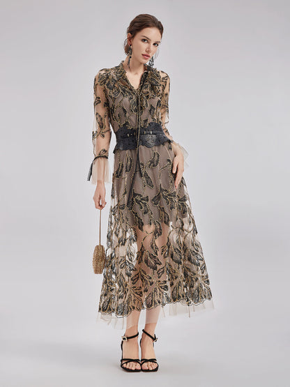 Özel İtalyan Çiçekli Jakar Elbise (Bel Zinciri ile)